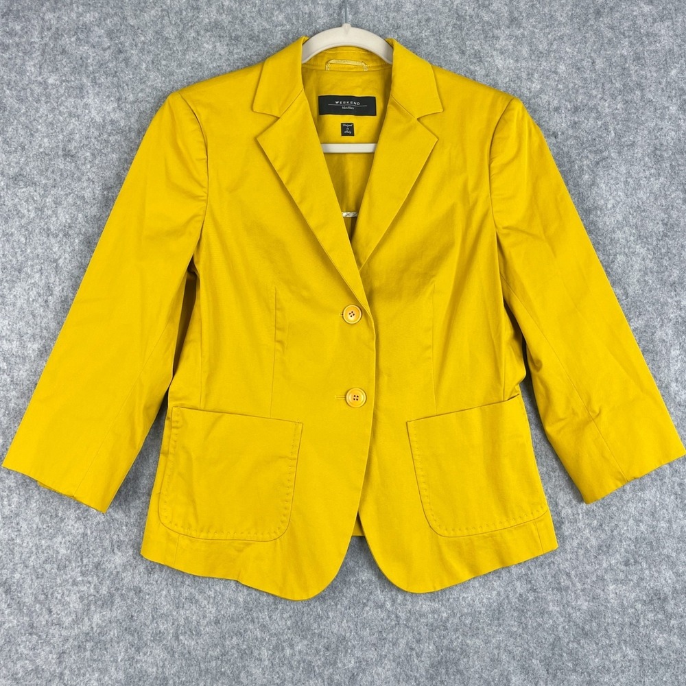 Max Mara Weekend Blazer Womens 8 Yellow 3/4 Sleeve Unlined Stretch Cotton Career